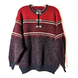 Norwegian Designs Red Nordic Fair Isle Wool Blend Clasp Sweater Size M Vintage